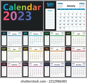 A Bright Calendar Planner For 2023 With Months Of Different Colors And A Field For Notes, A Basic Template. The Week Starts On Monday. Vector Illustration