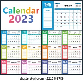 A Bright Calendar Planner For 2023 With Months Of Different Colors And A Field For Notes, A Basic Template. The Week Starts On Monday. Vector