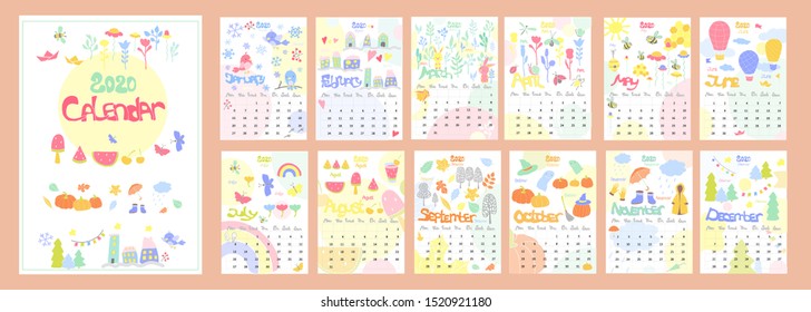 Bright calendar with sheets for 2020 in a cute children's style with simple drawings and doodles for each month. All elements are hand-drawn.