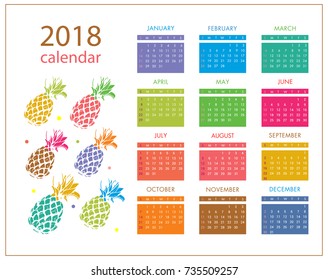 Bright calendar of year 2018 in vector with pineapples and dots. Simple calendar template 2018 year. Week starts from sunday