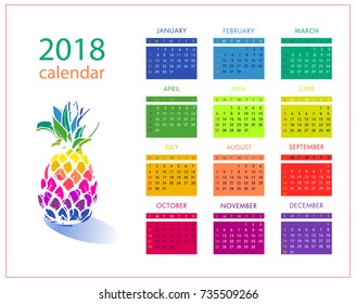 Bright calendar of year 2018 in vector with colorful pineapple. Simple calendar template 2018 year. Week starts from sunday