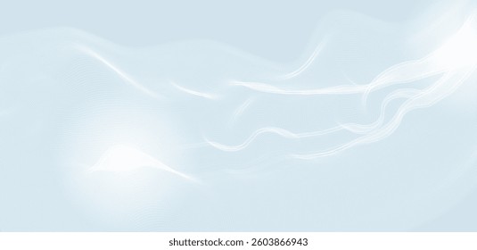 A bright and calm light blue background. Thin, transparent and smooth wavy lines flow through the space, creating a sense of movement. At some points, there are lights that seem to sparkle.