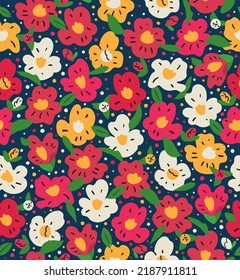 Bright Camellia Seamless vector pattern. Floral ditsy background illustration with simple flowers cute repeated