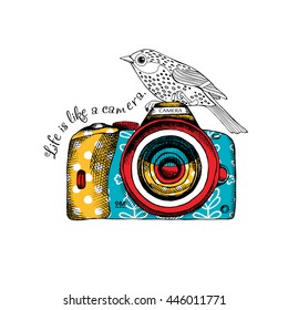 Bright camera painted in folk style and a bird. Vector illustration.