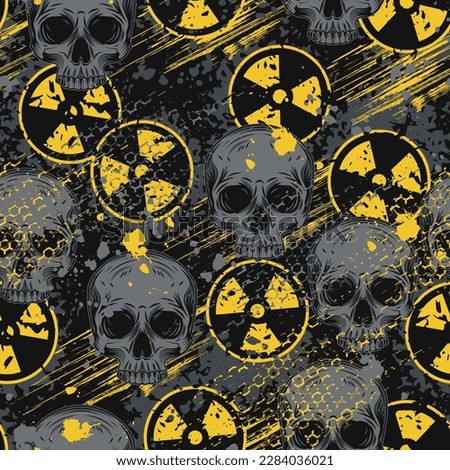 Bright camouflage pattern with ionizing radiation symbol, paint brush strokes, skull, hexagon net, paint blots. Concept of danger of nuclear weapon. Grunge texture