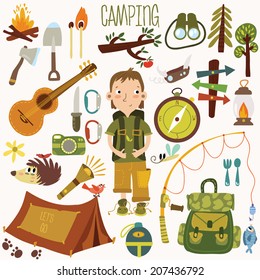 Bright camping equipment icon set in vector.