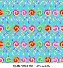 Bright candies on a blue background. Christmas, New Year. Seamless pattern, vector illustration