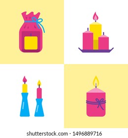 Bright candle icons set in flat style. Light source with burning flame symbols. Home interior decor. Vector illustration.