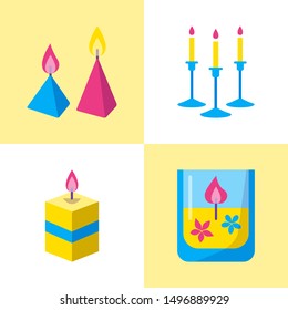 Bright candle icons set in flat style. Light source with burning flame symbols. Home interior decorative objects. Vector illustration.