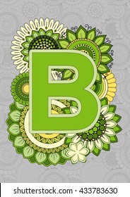 Bright Capital Letters English Alphabet. Mandala. ABC book. Isolated Vector Elements. Abstract Background. B