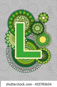 Bright Capital Letters English Alphabet. Mandala. ABC book. Isolated Vector Elements. Abstract Background. L