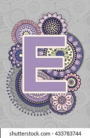 Bright Capital Letters English Alphabet. Mandala. ABC book. Isolated Vector Elements. Abstract Background. E