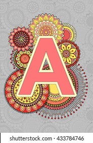 Bright Capital Letters English Alphabet. Mandala. ABC book. Isolated Vector Elements. Abstract Background. A