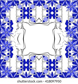 bright card with abstract flowers and frame for the text in the form of a girl silhouette. vector image. for design, postcards, wallpaper
