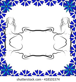 bright card with abstract flowers and frame for the text in the form of a girl silhouette. vector image. for design, postcards, wallpaper