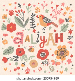 Bright card with beautiful name Aaliyah in poppy flowers, bees and butterflies. Awesome female name design in bright colors. Tremendous vector background for fabulous designs