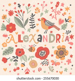 Bright card with beautiful name Alexandria in poppy flowers, bees and butterflies. Awesome female name design in bright colors. Tremendous vector background for fabulous designs