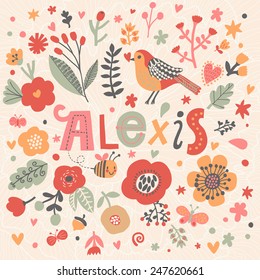 Bright card with beautiful name Alexis in poppy flowers, bees and butterflies. Awesome female name design in bright colors. Tremendous vector background for fabulous designs