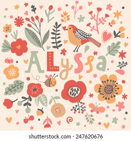 Bright card with beautiful name Alyssa in poppy flowers, bees and butterflies. Awesome female name design in bright colors. Tremendous vector background for fabulous designs