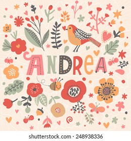 Bright card with beautiful name Andrea in poppy flowers, bees and butterflies. Awesome female name design in bright colors. Tremendous vector background for fabulous designs