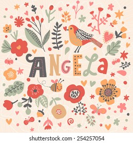 Bright card with beautiful name Angela in poppy flowers, bees and butterflies. Awesome female name design in bright colors. Tremendous vector background for fabulous designs