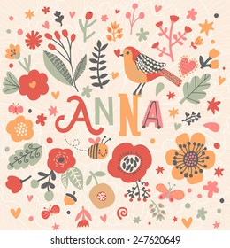 Bright card with beautiful name Anna in poppy flowers, bees and butterflies. Awesome female name design in bright colors. Tremendous vector background for fabulous designs