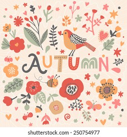 Bright card with beautiful name Autumn in poppy flowers, bees and butterflies. Awesome female name design in bright colors. Tremendous vector background for fabulous designs