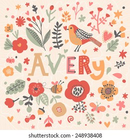 Bright card with beautiful name Avery in poppy flowers, bees and butterflies. Awesome female name design in bright colors. Tremendous vector background for fabulous designs