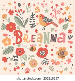 Bright card with beautiful name Breanna in poppy flowers, bees and butterflies. Awesome female name design in bright colors. Tremendous vector background for fabulous designs