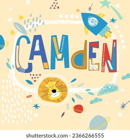 Bright card with beautiful name Camden in planets, lion and simple forms. Awesome male name design in bright colors. Tremendous vector background for fabulous designs