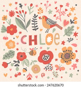 Bright card with beautiful name Chloe in poppy flowers, bees and butterflies. Awesome female name design in bright colors. Tremendous vector background for fabulous designs