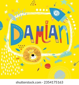 Bright card with beautiful name Damian in planets, lion and simple forms. Awesome male name design in bright colors. Tremendous vector background for fabulous designs