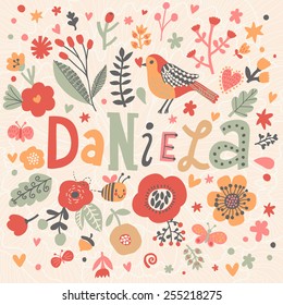 Bright card with beautiful name Daniela in poppy flowers, bees and butterflies. Awesome female name design in bright colors. Tremendous vector background for fabulous designs