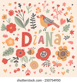 Bright card with beautiful name Diana in poppy flowers, bees and butterflies. Awesome female name design in bright colors. Tremendous vector background for fabulous designs