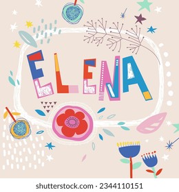 Carta brillante con el hermoso nombre de Elena en flores, pétalos y formas simples. Impresionante diseño de nombres femeninos en colores brillantes. Tremendo fondo vectorial para diseños fabulosos