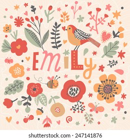 Bright card with beautiful name Emily in poppy flowers, bees and butterflies. Awesome female name design in bright colors. Tremendous vector background for fabulous designs