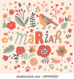 Bright card with beautiful name Emma in poppy flowers, bees and butterflies. Awesome female name design in bright colors. Tremendous vector background for fabulous designs