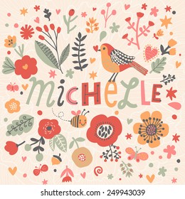 Bright card with beautiful name Emma in poppy flowers, bees and butterflies. Awesome female name design in bright colors. Tremendous vector background for fabulous designs
