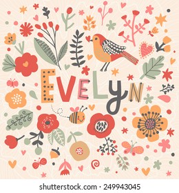 Bright card with beautiful name Emma in poppy flowers, bees and butterflies. Awesome female name design in bright colors. Tremendous vector background for fabulous designs