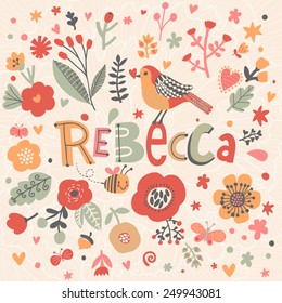 Bright card with beautiful name Emma in poppy flowers, bees and butterflies. Awesome female name design in bright colors. Tremendous vector background for fabulous designs