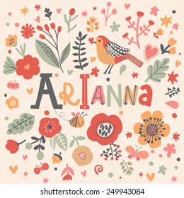 Bright card with beautiful name Emma in poppy flowers, bees and butterflies. Awesome female name design in bright colors. Tremendous vector background for fabulous designs