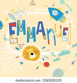 Bright card with beautiful name Emmanuel in planets, lion and simple forms. Awesome male name design in bright colors. Tremendous vector background for fabulous designs