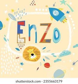 Bright card with beautiful name Enzo in planets, lion and simple forms. Awesome male name design in bright colors. Tremendous vector background for fabulous designs