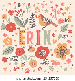 Bright card with beautiful name Erin in poppy flowers, bees and butterflies. Awesome female name design in bright colors. Tremendous vector background for fabulous designs