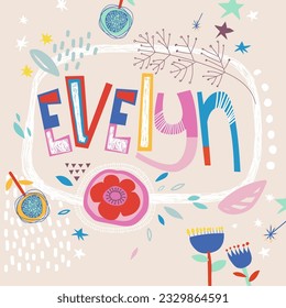 Bright card with beautiful name Evelyn in flowers, petals and simple forms. Awesome female name design in bright colors. Tremendous vector background for fabulous designs