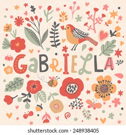 Bright card with beautiful name Gabriella in poppy flowers, bees and butterflies. Awesome female name design in bright colors. Tremendous vector background for fabulous designs
