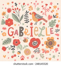 Bright card with beautiful name Gabrielle in poppy flowers, bees and butterflies. Awesome female name design in bright colors. Tremendous vector background for fabulous designs