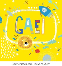 Bright card with beautiful name Gael in planets, lion and simple forms. Awesome male name design in bright colors. Tremendous vector background for fabulous designs