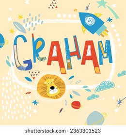 Bright card with beautiful name Graham in planets, lion and simple forms. Awesome male name design in bright colors. Tremendous vector background for fabulous designs