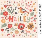 Bright card with beautiful name Hailey in poppy flowers, bees and butterflies. Awesome female name design in bright colors. Tremendous vector background for fabulous designs